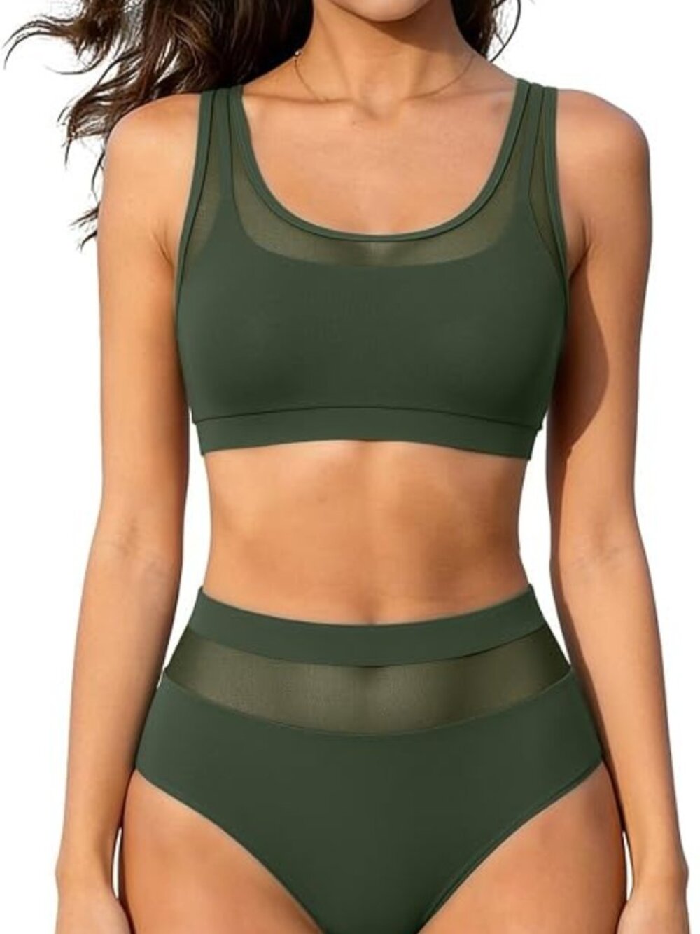 High-Waist Olive Green Mesh Bikini Set - Women Swim